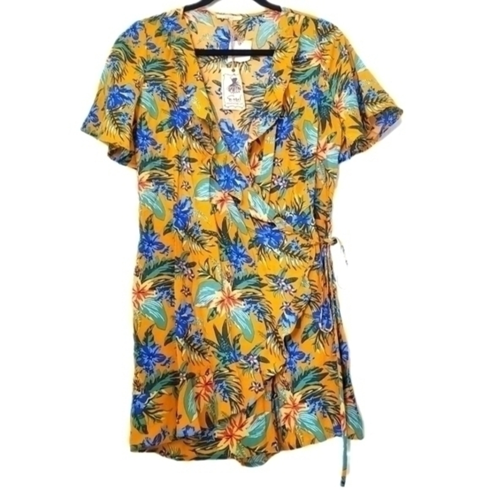 Easel Women Tropical Floral Tie Waist Wrap Front Romper Shorts Playsuit Yellow M